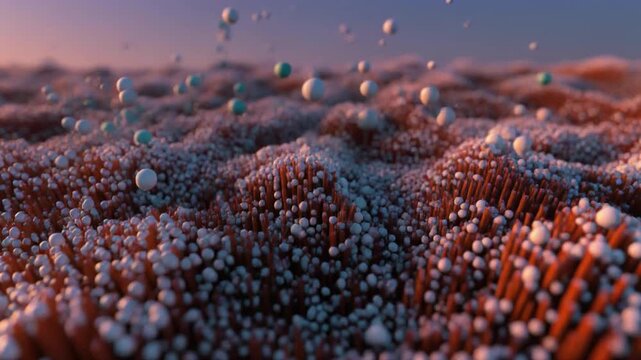 Abstract microscopic surface with floating spheres, cellular texture, science concept