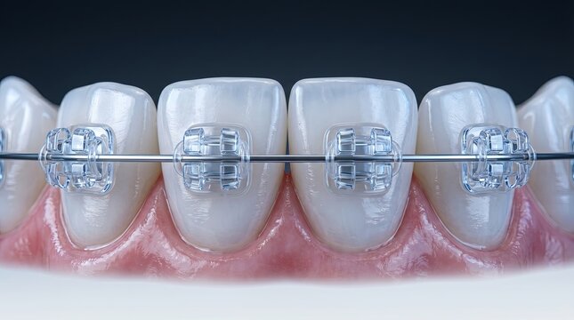Closeup of metal braces on teeth showing cleanliness and precise alignment in studio lighting