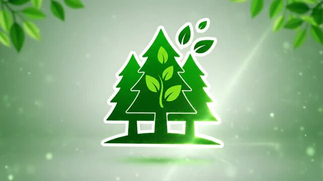 Green trees icon with leaves and sparkling effects on neutral background