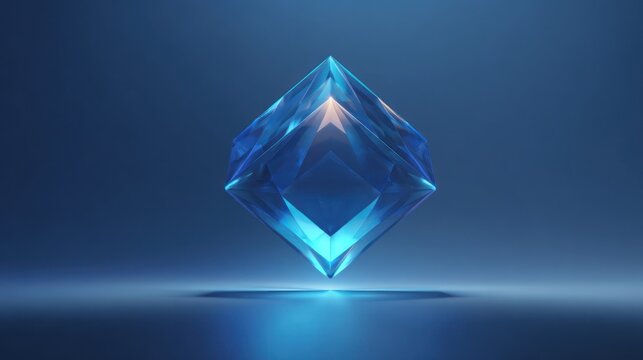 A luminous, faceted, translucent crystal cube floats against a blurred gradient background