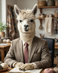 Fototapeta premium Professional photorealistic portrait of an alpaca in a beige business suit sitting at a craft studio desk with yarn samples and blurred artisan workspace background