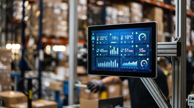 Medium shot capturing a warehouse IoT dashboard displaying realtime temperature humidity and motion sensor readings with blurred surrounding equipment emphasizing the screen.