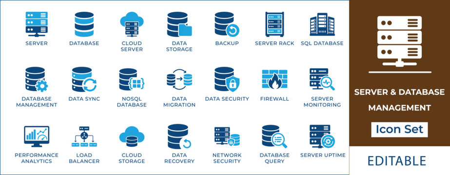 Server and database management icon set featuring cloud storage, SQL, NoSQL, data backup, recovery, network security, performance analytics, firewall, and server hosting symbols.
