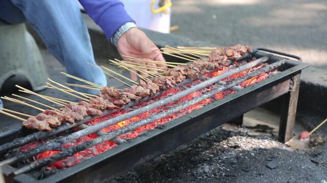 Grilled meat skewers cooking over hot charcoal, street food barbecue close-up with glowing embers and smoky outdoor atmosphere.