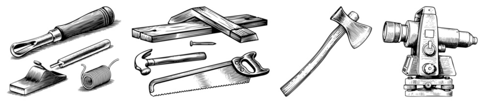 Hand carved woodworking implements including chisel, plane, saw, hammer, and paired with a theodolite for land surveying also known as joinery gear or tradesman&rsquo;s kit.