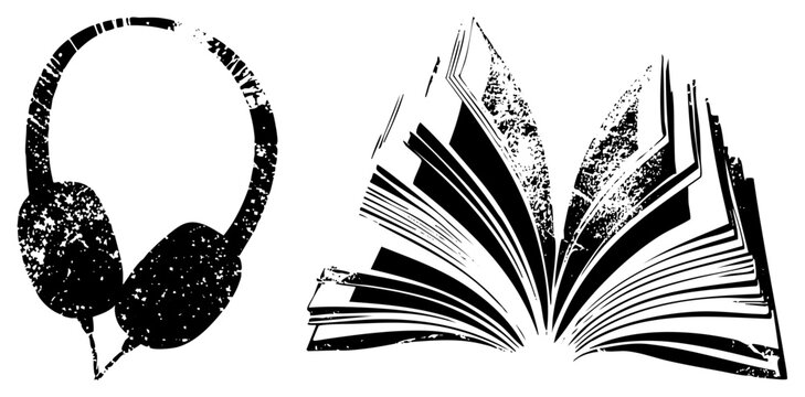 headset paired with fanned book pages, symbolizing or e learning also called sound reader or listening library.