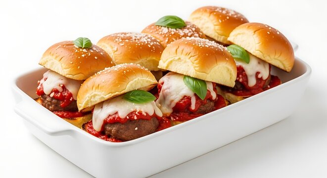Meatball subs in baking dish.