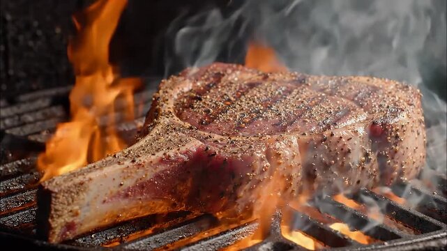Juicy seasoned tomahawk ribeye steak cooking on a hot barbecue grill with bright orange flames and smoke.