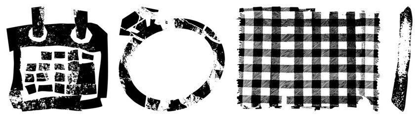 Obraz premium Distressed graphic elements including schedule planner, countdown timer, checkered textile, kitchen utensil ideal for rustic branding or vintage UI design.