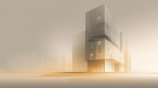 Architectural rendering of a modern building, featuring geometric shapes in a sepia-toned ambiance