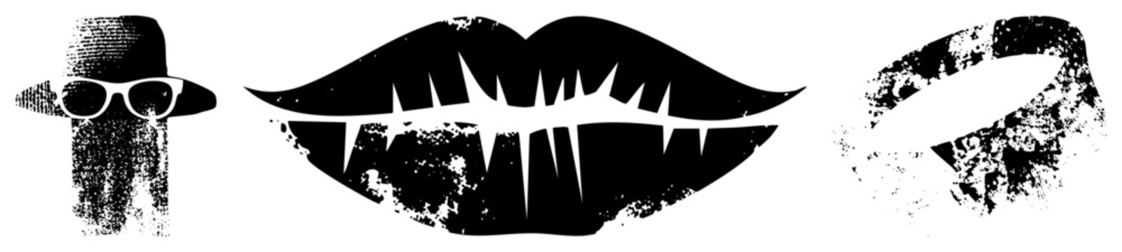 Mysterious spy symbol, covert emblem, stylized fanged mouth, masked figure flat vector art with halftone grain, ideal for noir themes or mystery branding.