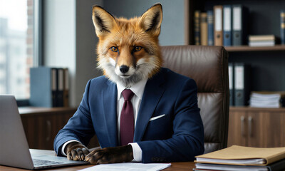 Fototapeta premium Professional photorealistic portrait of a red fox in a navy business suit sitting at a modern office desk with laptop and documents, blurred office background