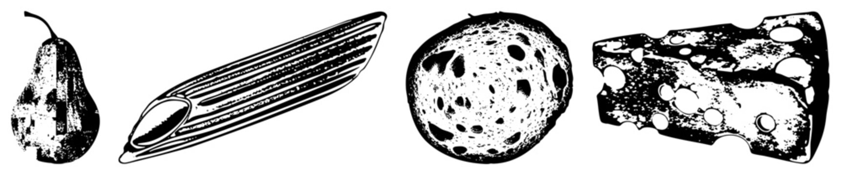 cutout style food featuring pear (pyrus), penne pasta, sourdough bread loaf, and Emmental cheese stylized halftone graphics ideal for menus or packaging.