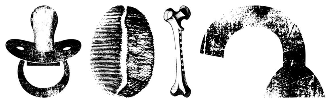 Distressed graphic symbols including baby soother, thumbprint, skeletal femur, and curved arch ideal for edgy design, tattoo motifs, or punk themed visuals.