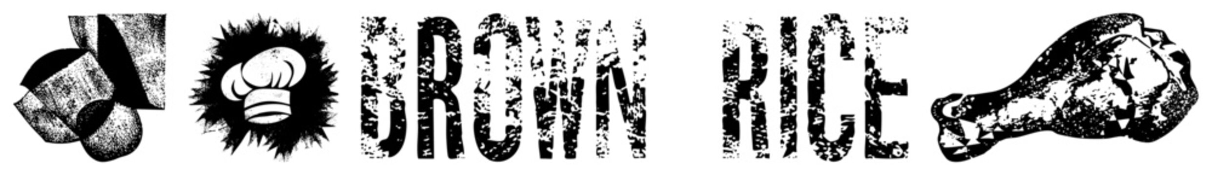 Distressed typography graphic for "BROWN RICE" with abstract shapes, culinary, poultry element ideal for menu design or rustic food branding.