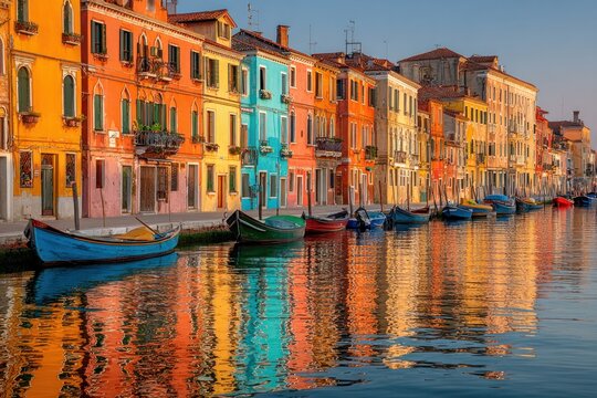 Vibrant Canal Scene with Colorful Buildings and Boats