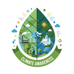 A vibrant graphic illustration depicting climate awareness through various environmental themes within a leaf shape, including pollution, arctic melting, reforestation, and renewable energy. © Pitu