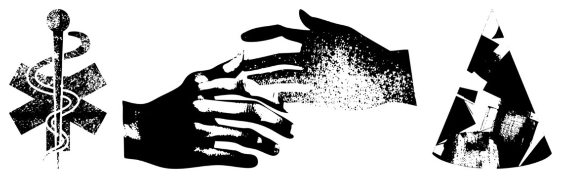 Caduceus, hand gesture, fragmented high contrast halftone vector with distressed texture. medical glyph, handshake, abstract tetrahedron.