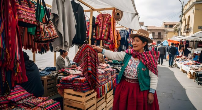 Peruvian woman selling traditional colorful textiles at local market
