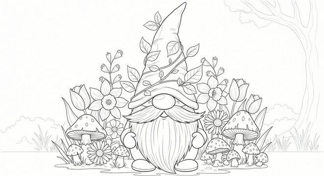 coloring page spring gnome flowers mushrooms smiling clean line art black white