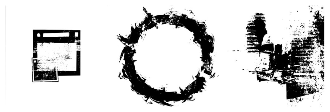 Grunge vector symbols distressed brush marks, chaotic halftone, deconstructed shapes. Ideal for edgy design or digital. ink splatter glyphs, distressed elements.