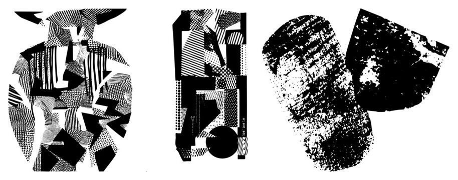 Stylized graphic composition featuring fragmented forms, abstract art elements, mosaic like visuals using dotwork,, and grainy textures ideal for digital design or print.