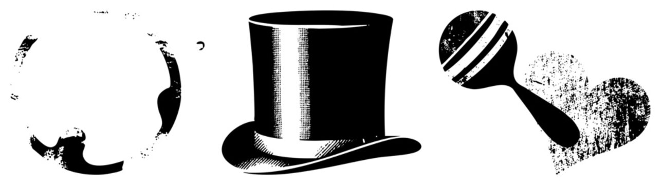 Classic top hat, formal headwear symbol, vintage graphic, retro party accessory, halftone cylinder hat, grunge maraca cutout.