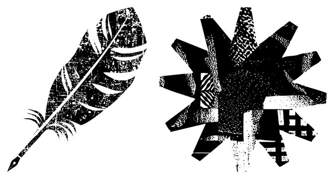 Distressed ink feather pen and explosive geometric star, stylized emblem, retro print design, illustration, vintage letterpress aesthetic.