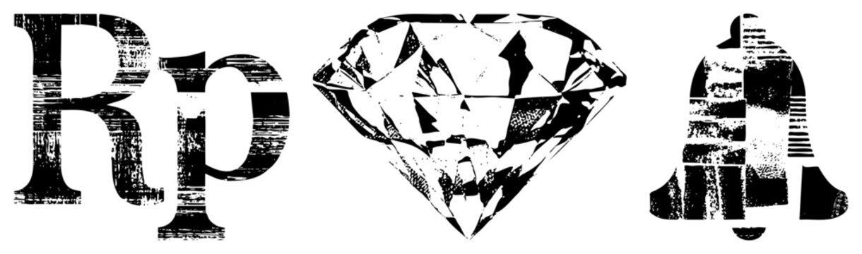 Rupiah currency mark, diamond cut gemstone, notification bell all rendered with textured halftone effects for graphic design use. Ideal for branding or UI elements.
