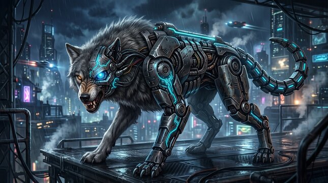 A cybernetic wolf stands on a platform in a futuristic cityscape at night.