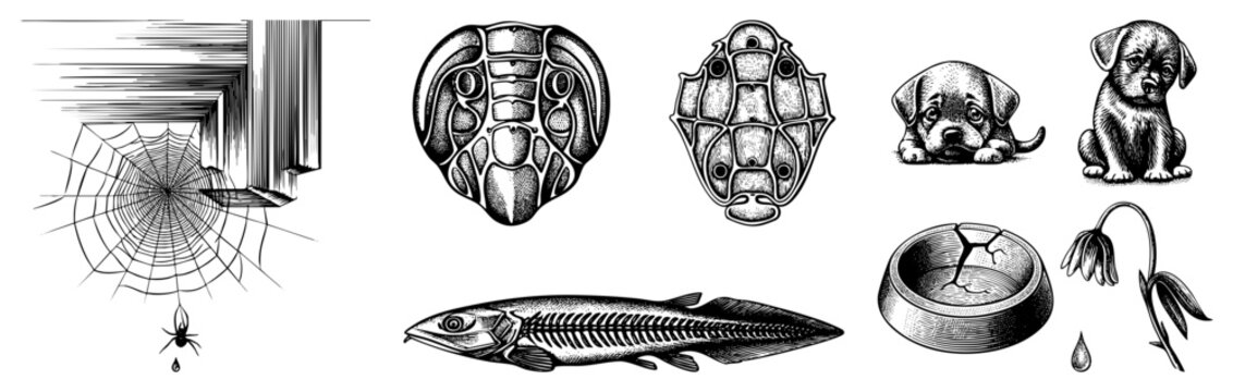 Detailed engraved style drawings including spiderweb, fish skeleton, puppy, cracked bowl, and drooping flower also called stipple art, etched graphics, or vintage scientific illustrations.