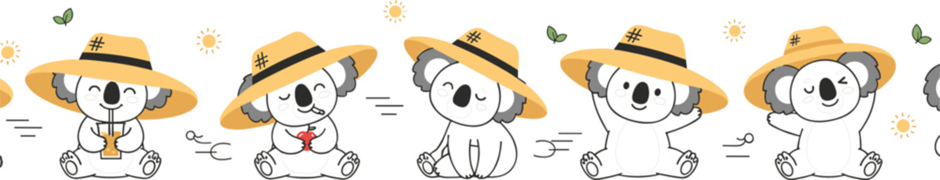 Cute koala character illustration featuring adorable animals wearing straw hats in playful cartoon style with summer theme collection