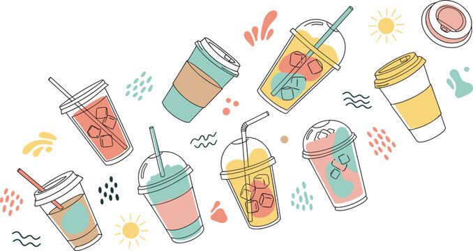 Hand drawn beverage illustration set featuring iced drinks smoothies coffee cups and takeaway beverages with abstract elements in modern style