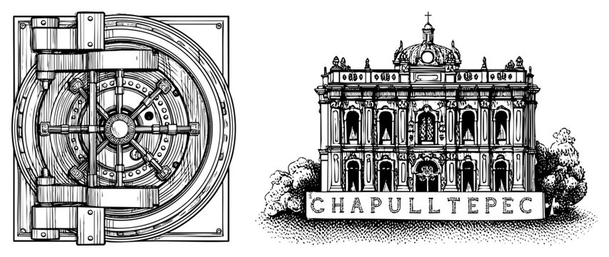 Detailed steel bank vault door with radial bolts alongside Chapultepec facade, architectural engraving, historical landmark, halftone vector art.