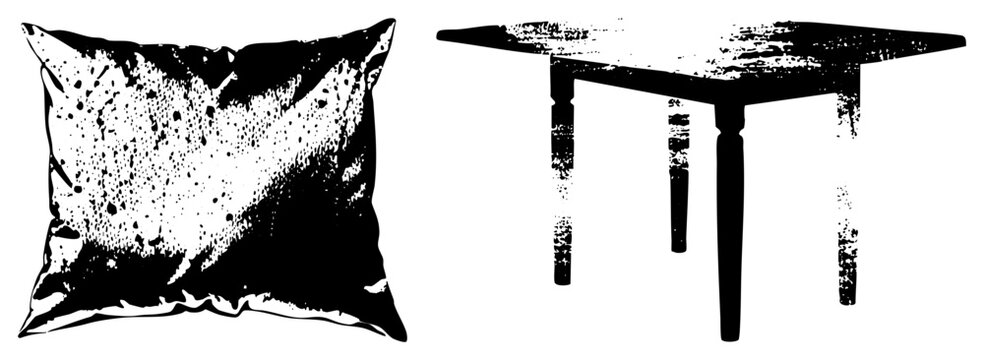 Distressed pillow and furniture silhouette, stylized home decor elements, flat graphic with gritty texture, ideal for print or web design projects.
