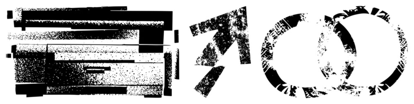 Abstract digital symbols featuring distressed textures, pixelated artifacts, and fragmented geometry alternate names include glitch art emblems or noise damaged glyphs.