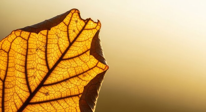 Macro photograph focusing on the subtle progression of age through the fine veins and crumbling edges of a drying leaf in golden sunlight, natural, texture, structure