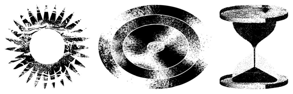 Stylized halftone graphic symbols including radiant sun, bullseye target, and sand timer also called stippled, dot matrix illustrations, retro print graphics.