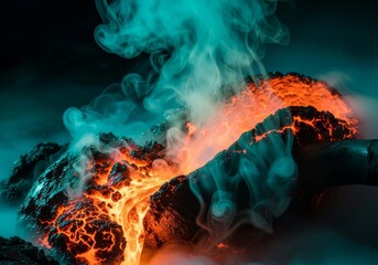 Fototapeta premium Molten liquid copper swirls with ethereal teal vapor clouds, creating a dynamic flow of warm metallic tones and smooth abstract motion, shine, elegant, abstract