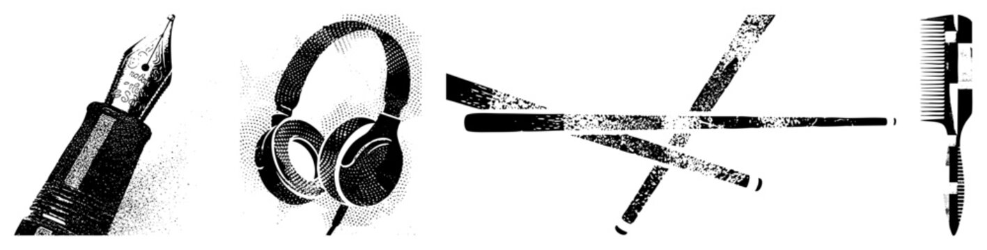 Graphic illustration of writing,, grooming tools includes nib pen, over ear headphones, shears, hair comb stylized halftone design for print or digital.