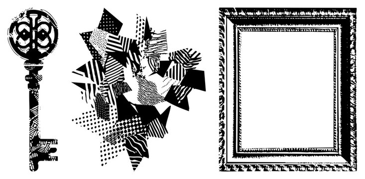 Antique style skeleton key with intricate bow design, abstract halftone explosion of angular, ornamental frame border also known as vintage key illustration or decorative graphic set.