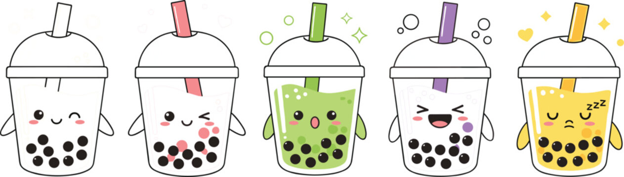 Cute kawaii bubble tea character illustration featuring smiling boba drinks with tapioca pearls in colorful cartoon style collection
