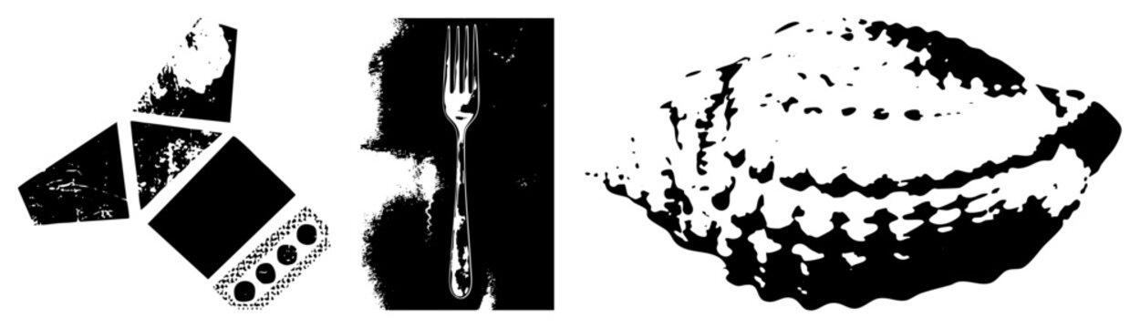 Stylized culinary symbols including fork, abstract plate, and fragmented shapes ideal for menu design, print, or digital. Alternate glyph style food.