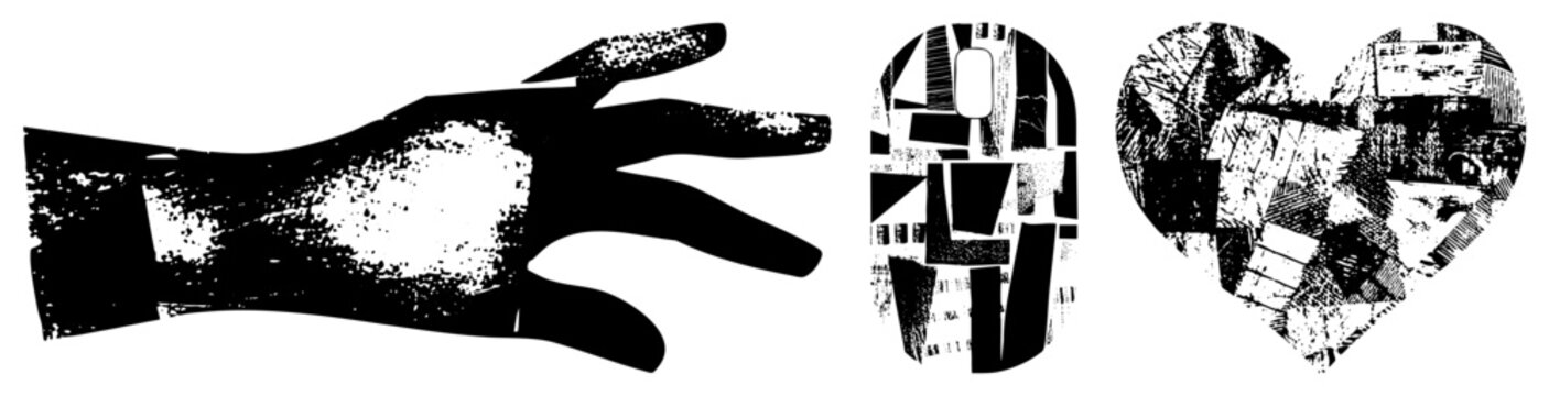 Distressed hand, abstract mouse, fragmented heart stylized UI/print assets. Alt pixelated gesture, collage cursor, deconstructed love emblem.