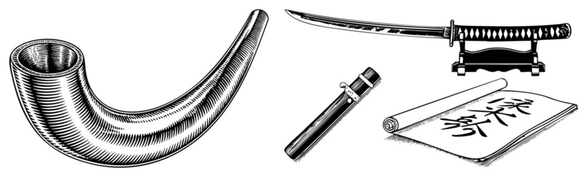 Katana blade on stand, shofu horn instrument, scroll with kanji script traditional era symbols. Also called wakizashi display or bushido artifacts.
