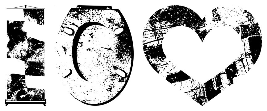 Weathered toilet lid silhouette and heart, distressed graphic elements, vintage decay style, urban street art aesthetic, vector assets.