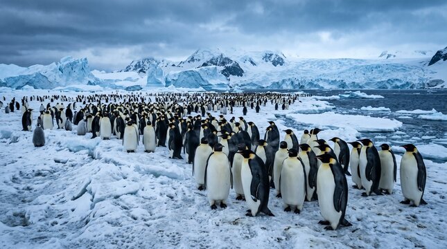 Penguins standing on snowy landscape with mountains in background near water