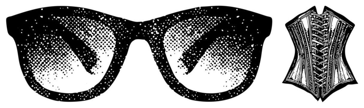 Retro style sunglasses and waist cincher corset rendered in halftone, dot matrix graphic style vintage fashion, 1950s eyewear and undergarment illustration.