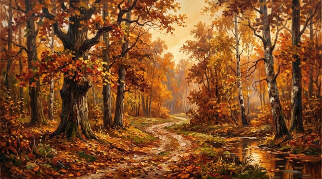 An oil painting depicts a serene autumn forest scene with a winding dirt path through trees.