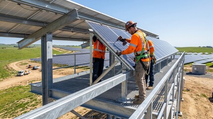 Naklejka premium Technician Installing Solar Panels on Steel Platform Renewable Energy Concept